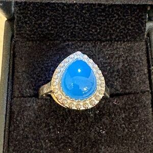 Elegant Blue Onyx Teardrop Ring in sterling silver. Size 7.